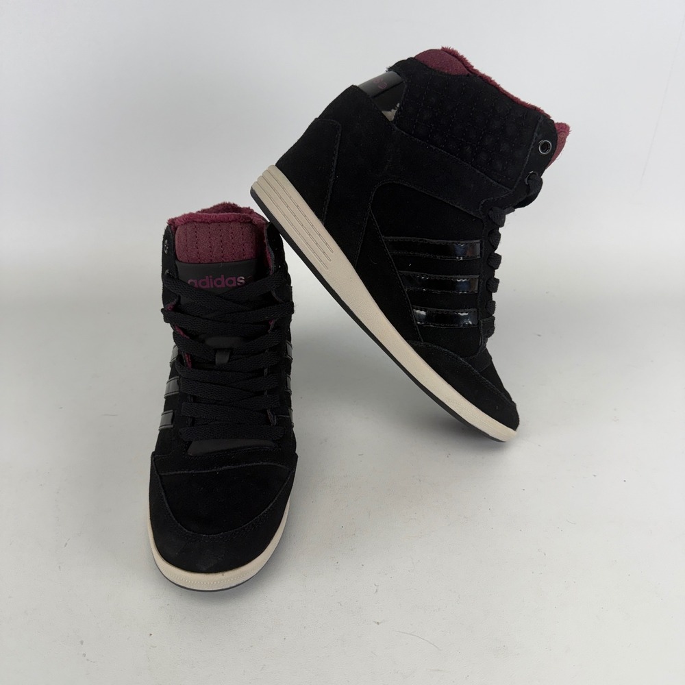 Adidas NEO Super Wedge Black Suede Faux Fur High Top Hidden Heel F98650 Womens 8